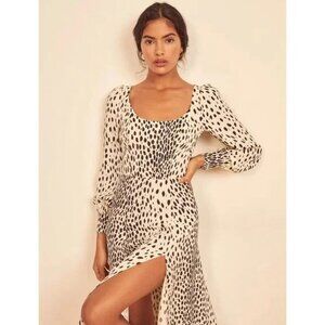 NWOT Reformation Alessi Dress in Cheetah Midi White Black Long Sleeves Slit